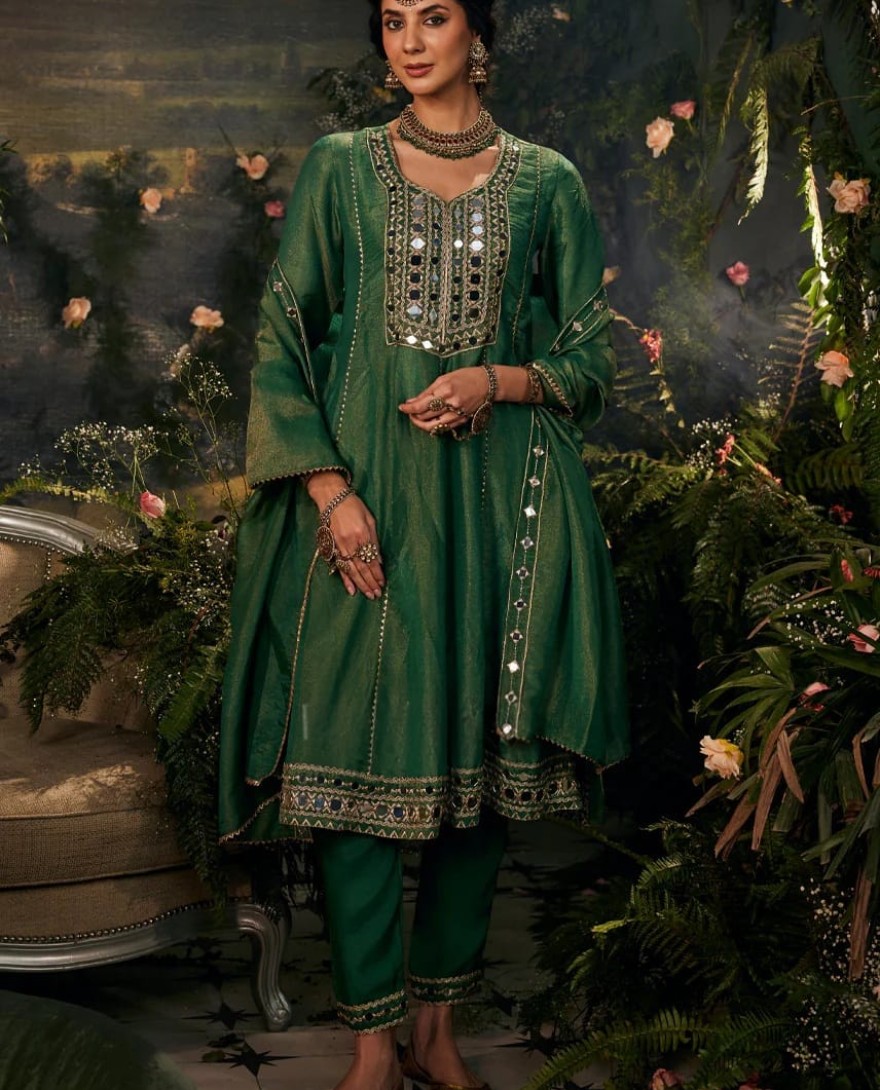GREEN - Mirrorwork Green-Anarkali set
