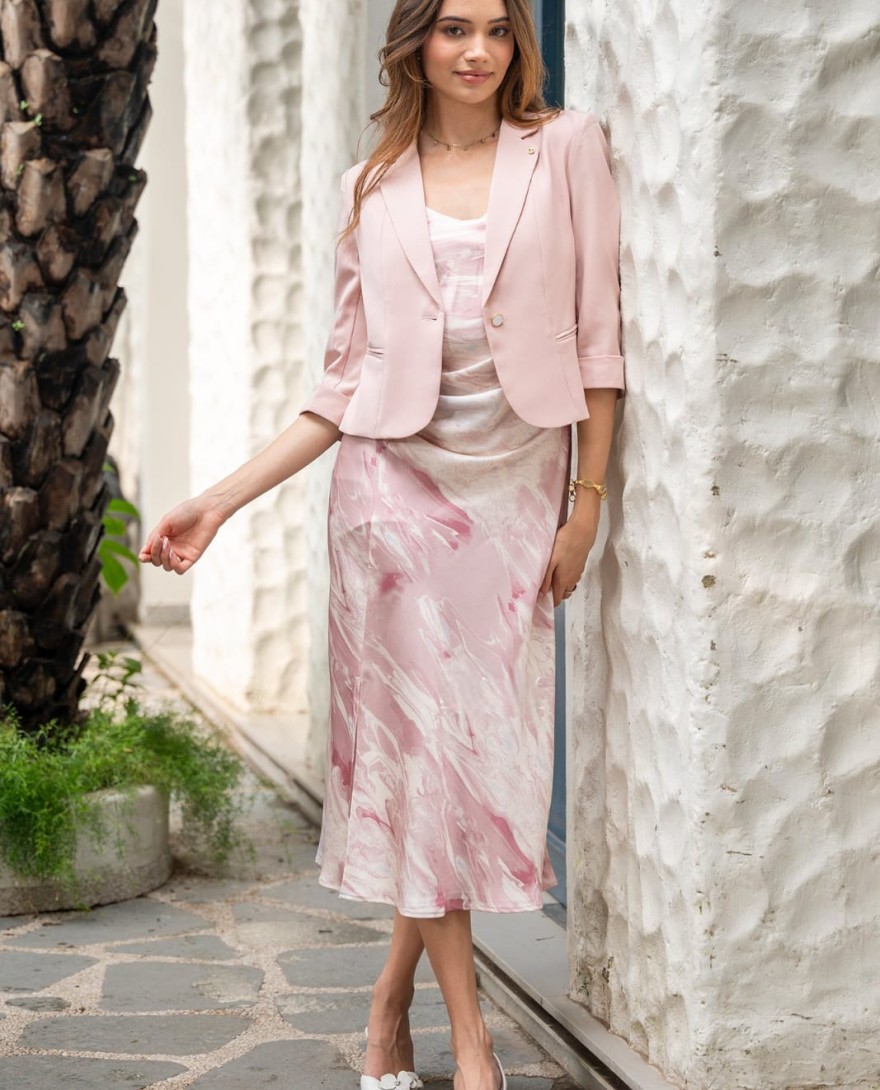 PINK - Pink Satin Slit Dress With Blazer