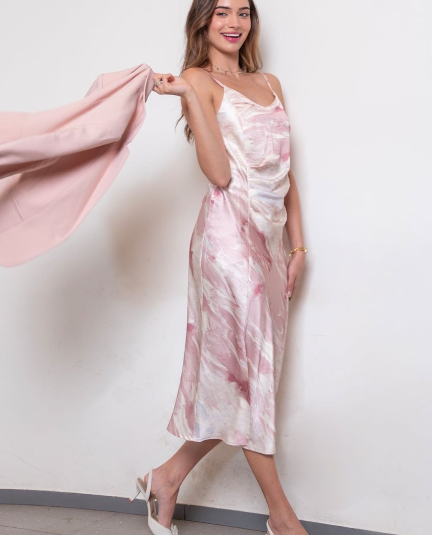 PINK - Pink Satin Slit Dress With Blazer