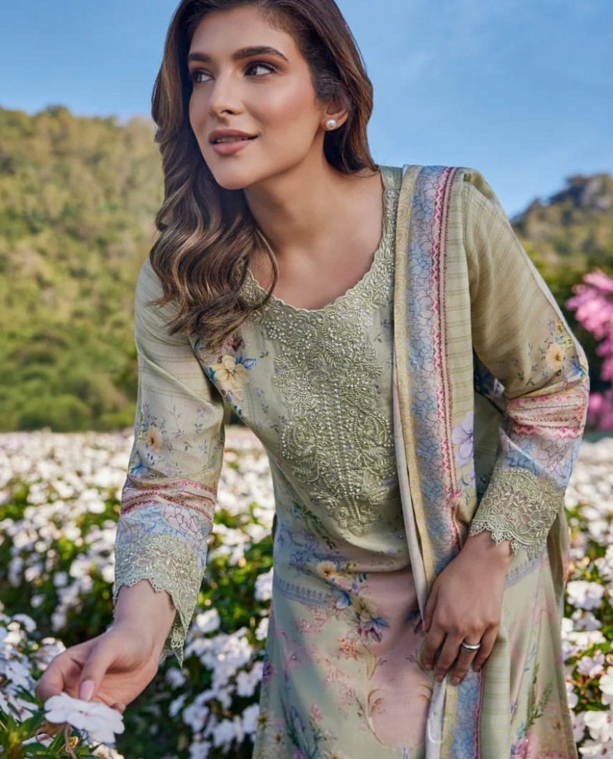 GREEN - Sage Green Floral Printed-Suit Set