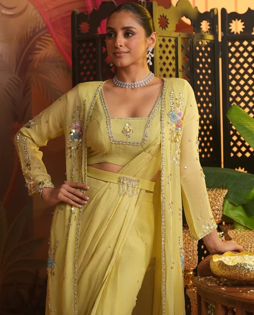 	 GREEN - Effortless-Pre-Drape Saree with jacket