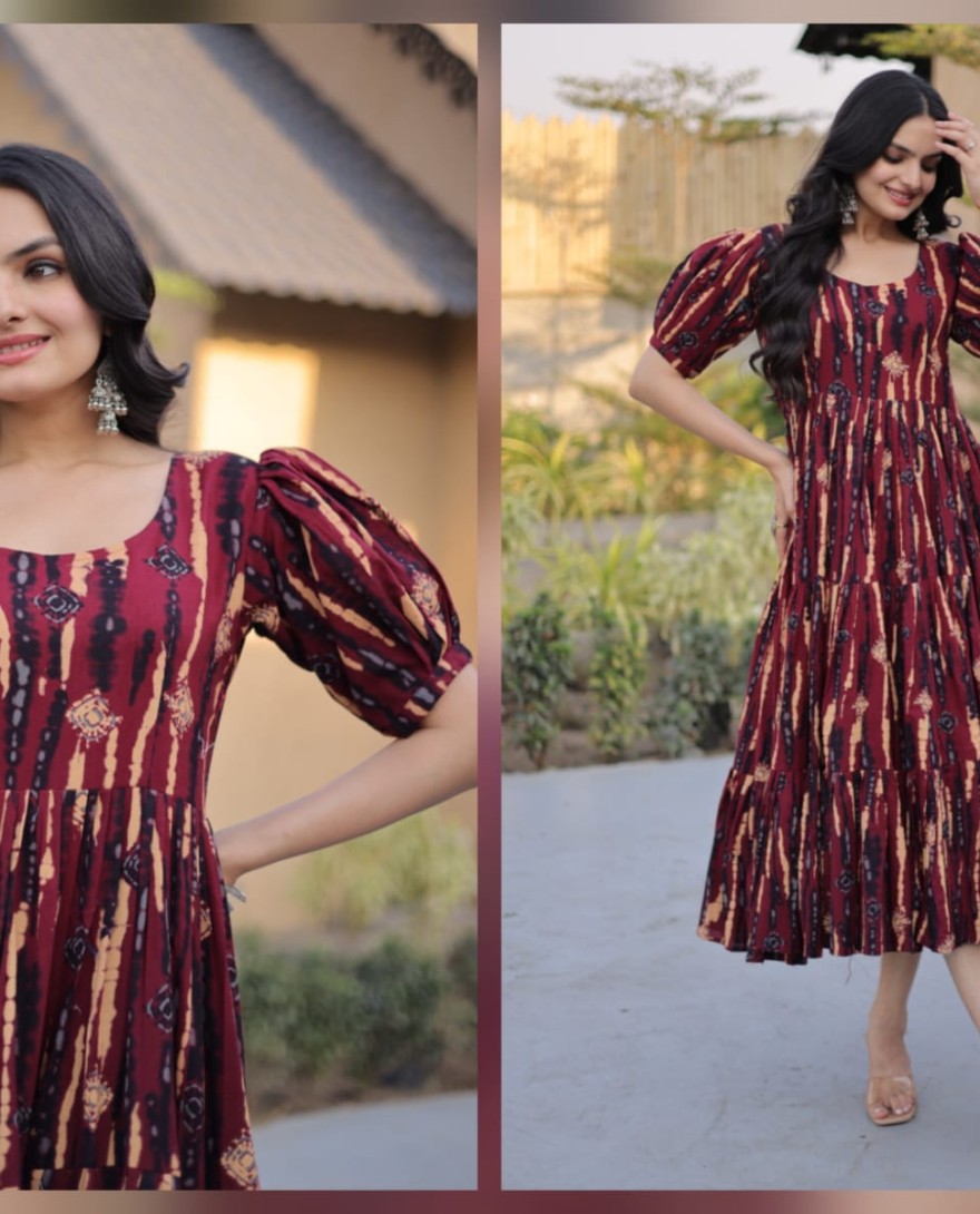 MAROON - Fantastic Maroon Printed Cotton Casual Wear Dress