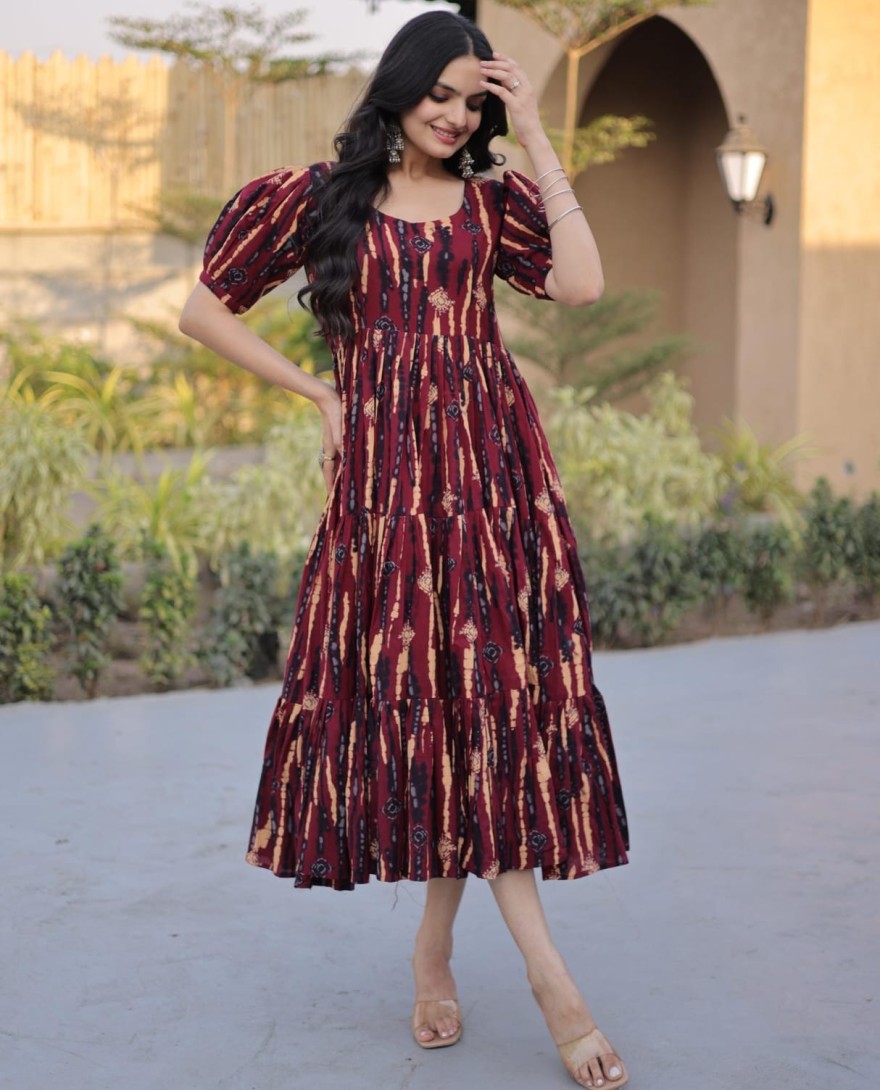MAROON - Fantastic Maroon Printed Cotton Casual Wear Dress