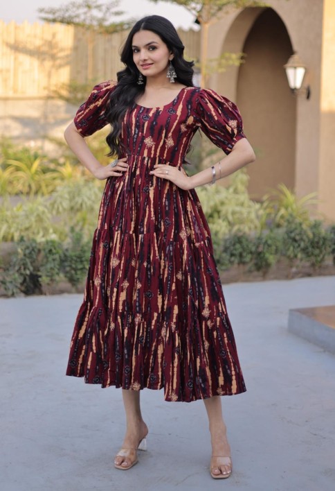 Fantastic Maroon Printed Cotton Casual Wear Dress