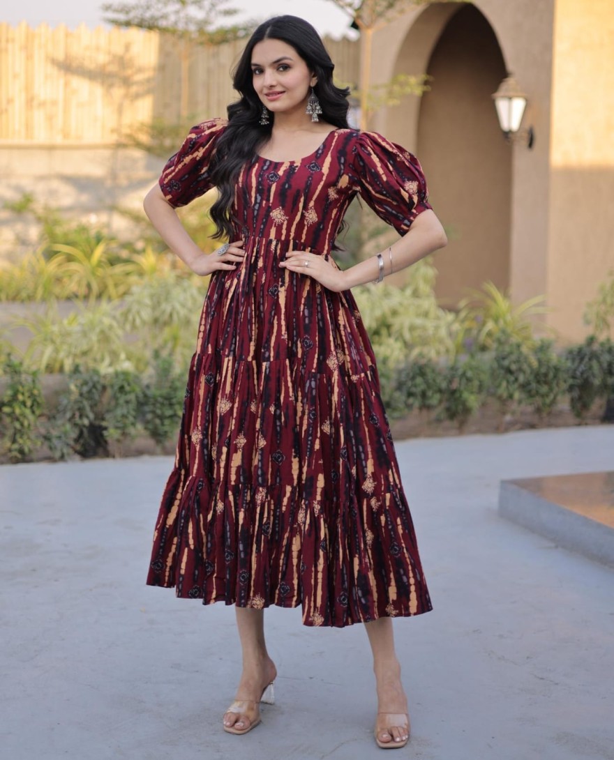 MAROON - Fantastic Maroon Printed Cotton Casual Wear Dress