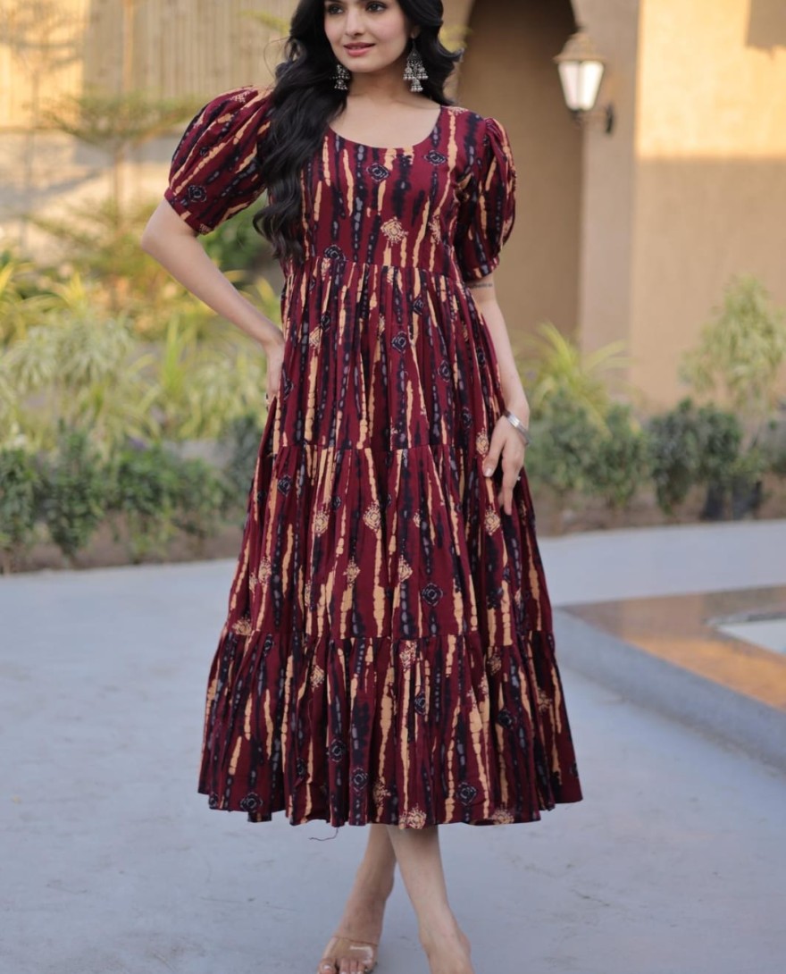 MAROON - Fantastic Maroon Printed Cotton Casual Wear Dress