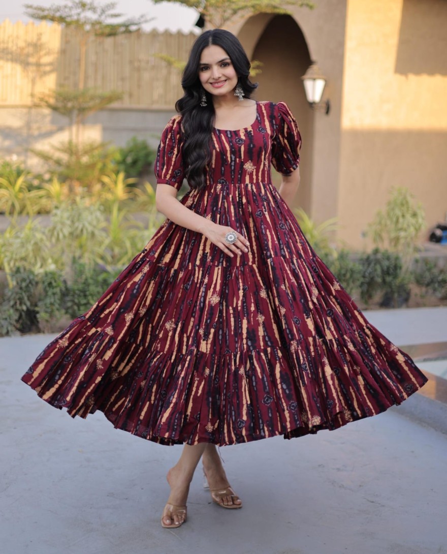 MAROON - Fantastic Maroon Printed Cotton Casual Wear Dress