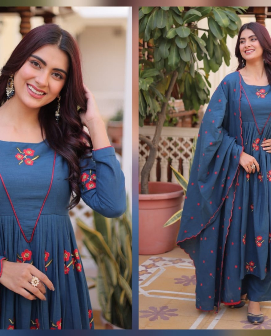 BLUE - Dazzling Teal Blue Embroidered Cotton Festive Wear Pant Suit