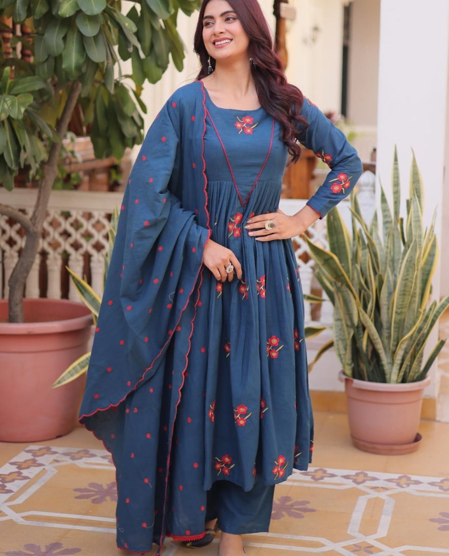 BLUE - Dazzling Teal Blue Embroidered Cotton Festive Wear Pant Suit