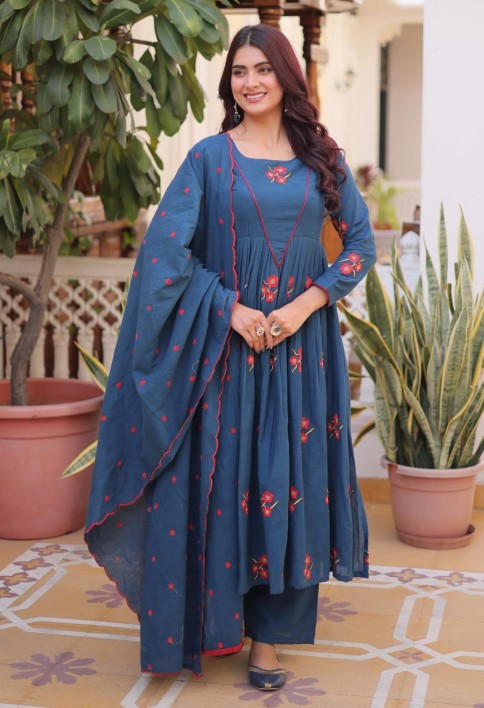 Dazzling Teal Blue Embroidered Cotton Festive Wear Pant Suit