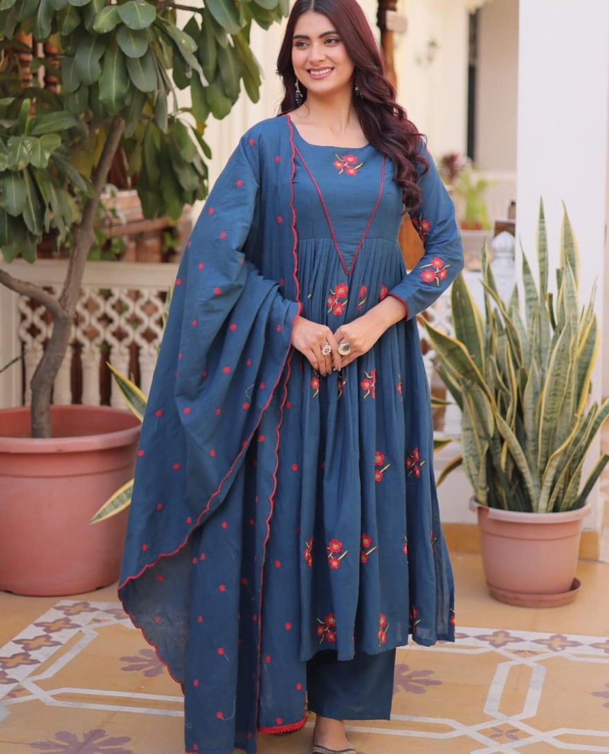 BLUE - Dazzling Teal Blue Embroidered Cotton Festive Wear Pant Suit