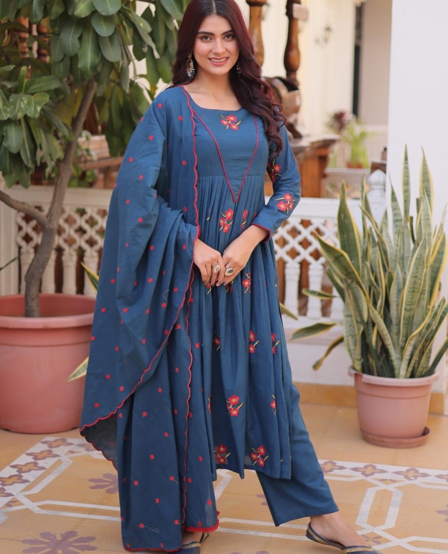 BLUE - Dazzling Teal Blue Embroidered Cotton Festive Wear Pant Suit