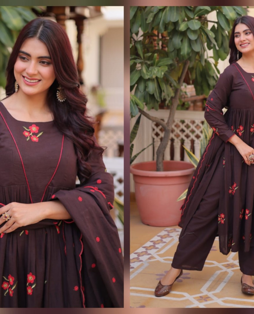 MAROON - Exclusive Brown Floral Embroidered Cotton Summer Special Pant Suit