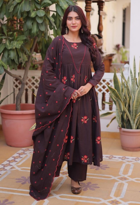 Exclusive Brown Floral Embroidered Cotton Summer Special Pant Suit
