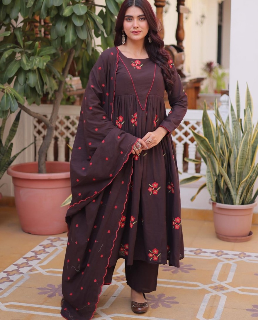 MAROON - Exclusive Brown Floral Embroidered Cotton Summer Special Pant Suit