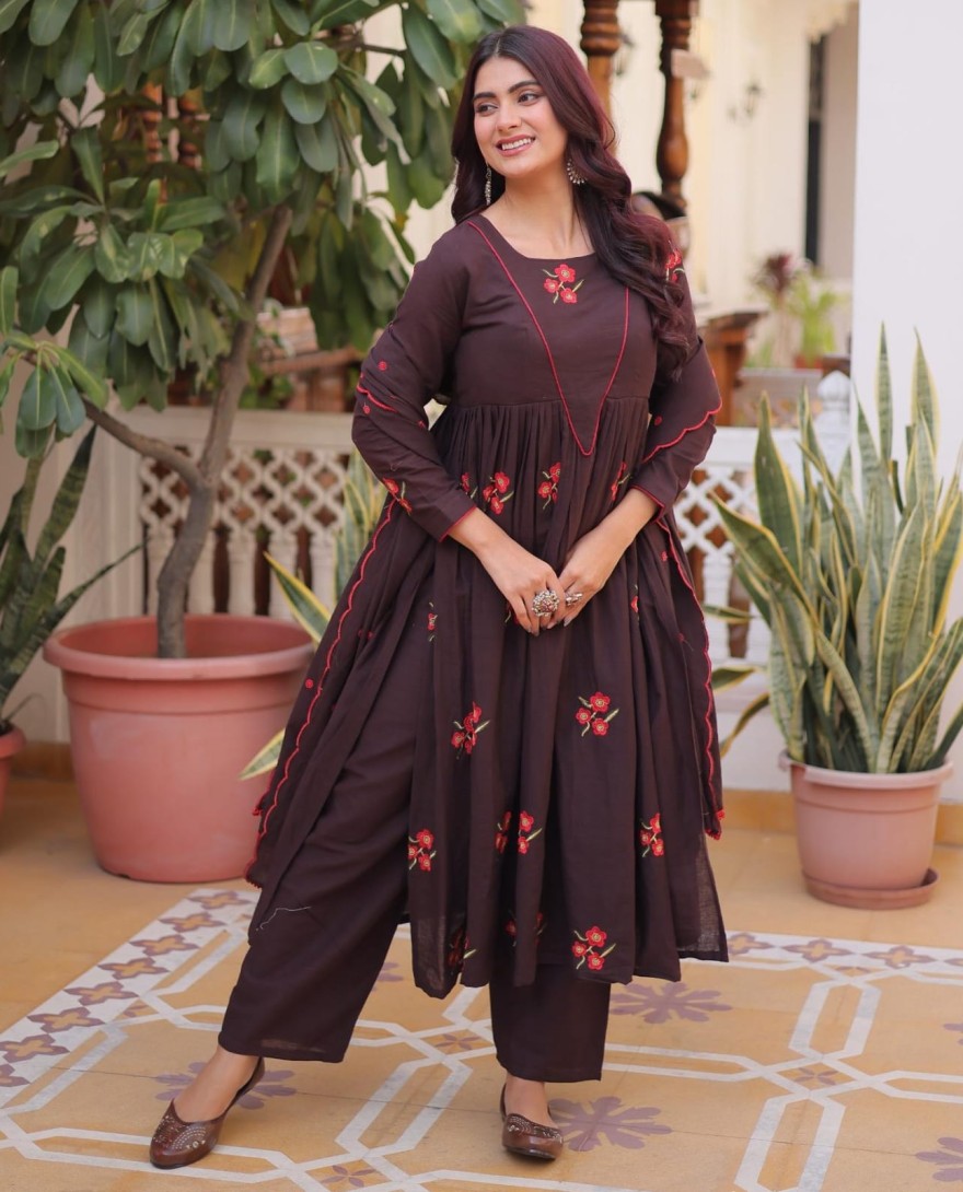 MAROON - Exclusive Brown Floral Embroidered Cotton Summer Special Pant Suit