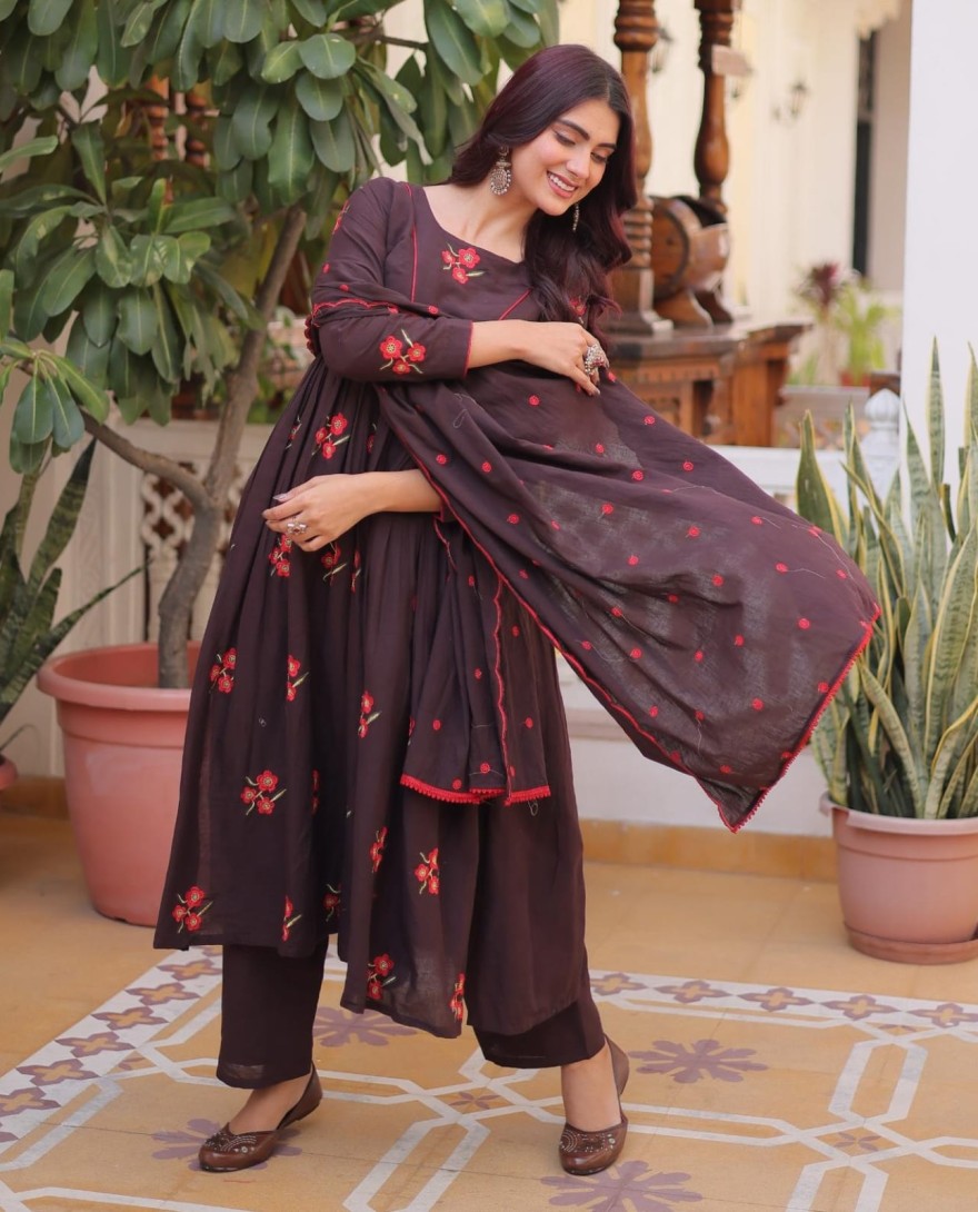 MAROON - Exclusive Brown Floral Embroidered Cotton Summer Special Pant Suit