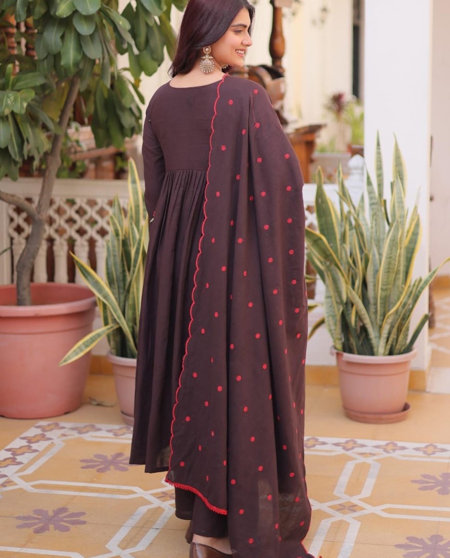 MAROON - Exclusive Brown Floral Embroidered Cotton Summer Special Pant Suit